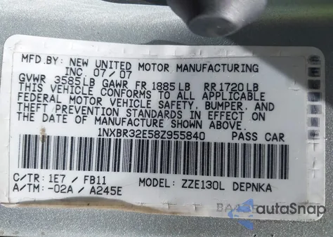 2008 Toyota Corolla Le from USA, damaged, VIN 1NXBR32E58Z955840